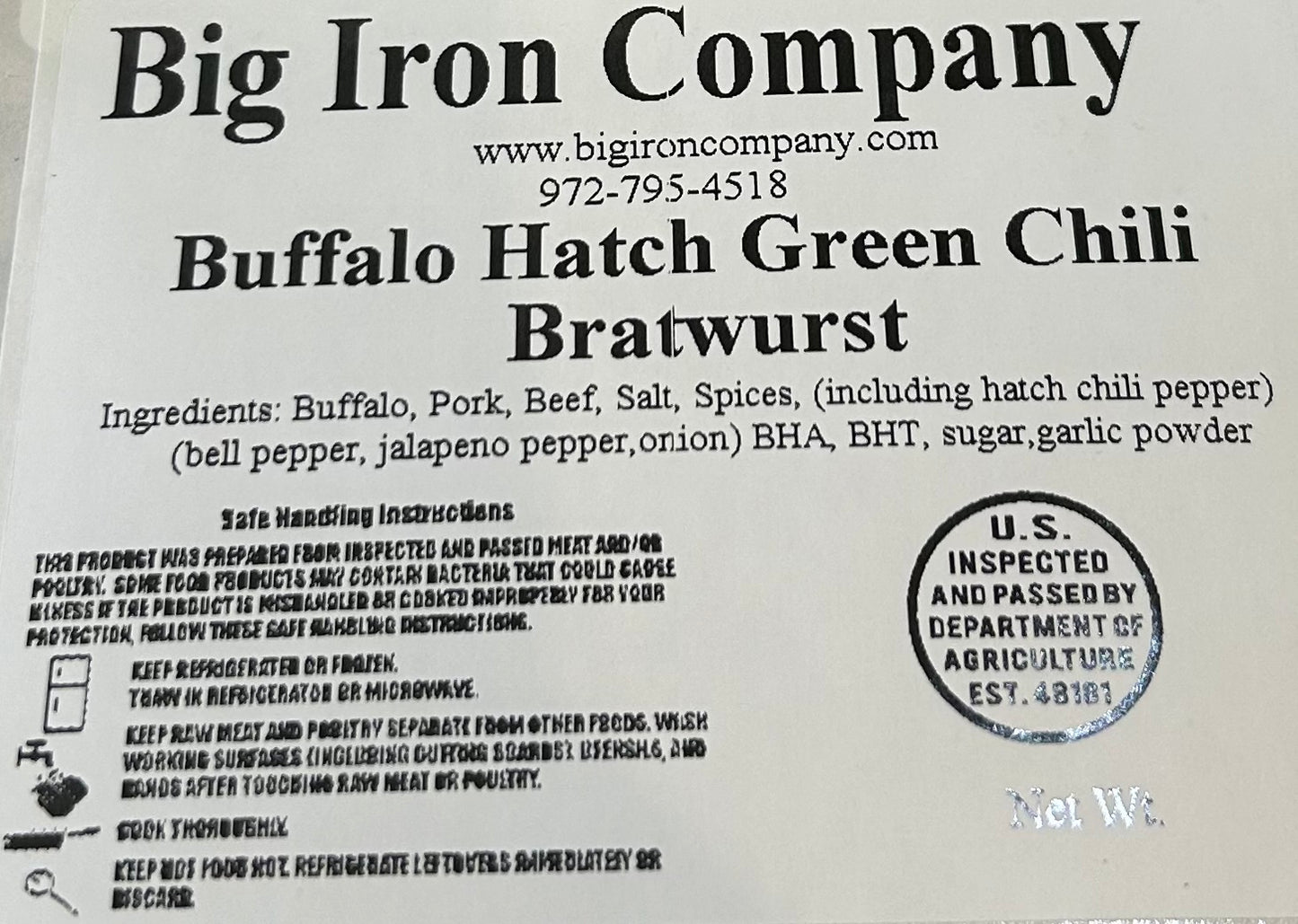 Buffalo Hatch Green Chili Bratwurst (30 lb Case)